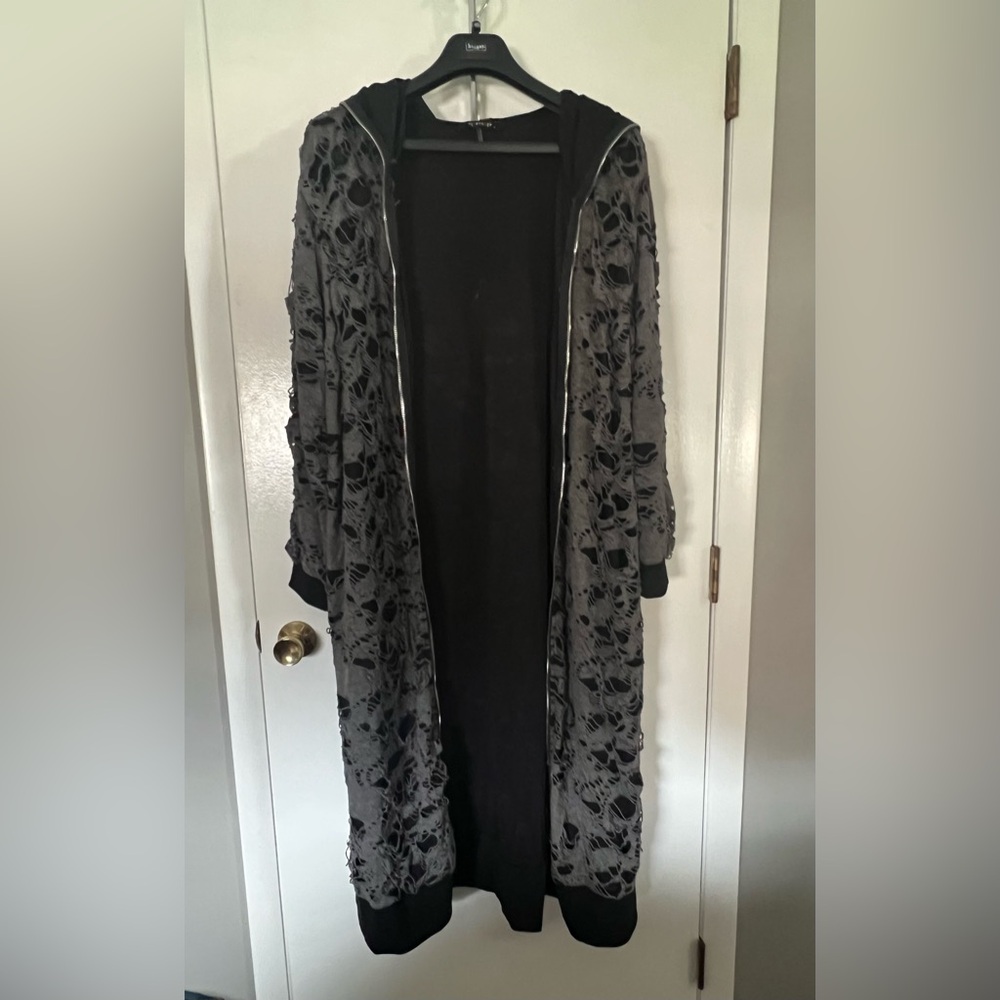 Distressed hooded long jacket, Sz XL
